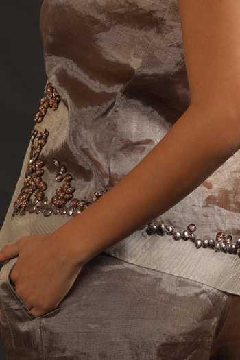 Vedangi Agarwal_Ivory Organza, Tissue, Muslin Sequins V-neck Hand Work Jacket And Pant Set _at_Aza_Fashions