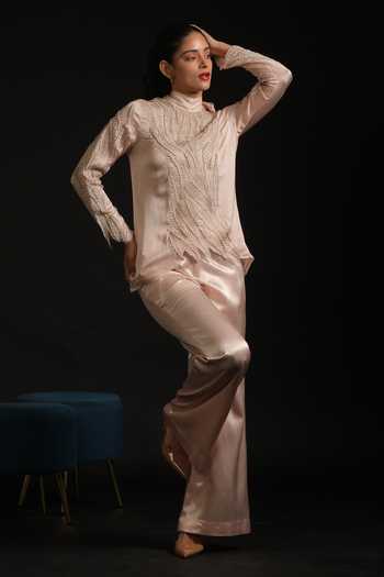 Vedangi Agarwal_Pink Organza, Georgette, Satin Embroidery, Cut Work High Detailed Top And Pant Set _Online_at_Aza_Fashions