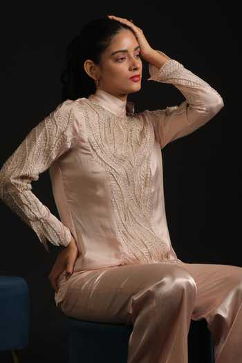 Shop_Vedangi Agarwal_Pink Organza, Georgette, Satin Embroidery, Cut Work High Detailed Top And Pant Set _Online_at_Aza_Fashions