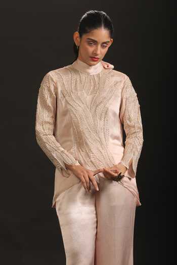 Vedangi Agarwal_Pink Organza, Georgette, Satin Embroidery, Cut Work High Detailed Top And Pant Set _at_Aza_Fashions
