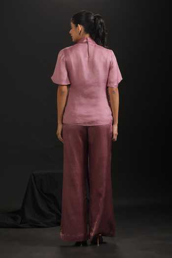 Shop_Vedangi Agarwal_Pink Organza, Georgette, Satin Embroidery, Cut Work High Neck And Top & Pant Set _at_Aza_Fashions