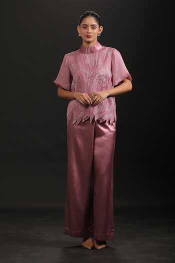 Vedangi Agarwal_Pink Organza, Georgette, Satin Embroidery, Cut Work High Neck And Top & Pant Set _Online_at_Aza_Fashions