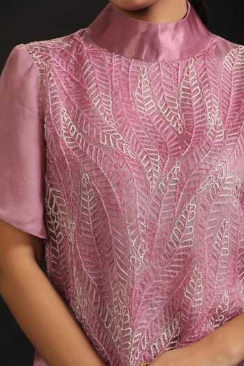 Buy_Vedangi Agarwal_Pink Organza, Georgette, Satin Embroidery, Cut Work High Neck And Top & Pant Set _Online_at_Aza_Fashions
