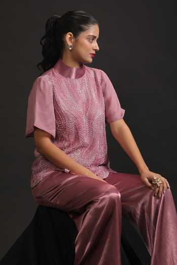 Vedangi Agarwal_Pink Organza, Georgette, Satin Embroidery, Cut Work High Neck And Top & Pant Set _at_Aza_Fashions