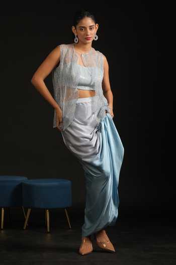 Buy_Vedangi Agarwal_Sky Blue Satin, Organza Sequins, Leaves Jacket And Ombre Draped Skirt Set _at_Aza_Fashions