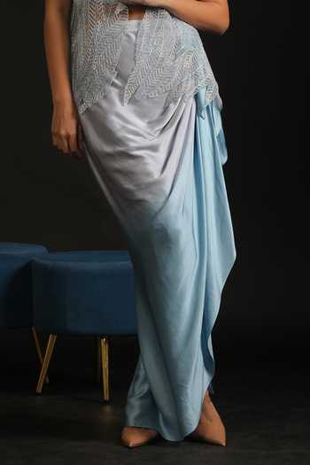 Buy_Vedangi Agarwal_Sky Blue Satin, Organza Sequins, Leaves Jacket And Ombre Draped Skirt Set _Online_at_Aza_Fashions