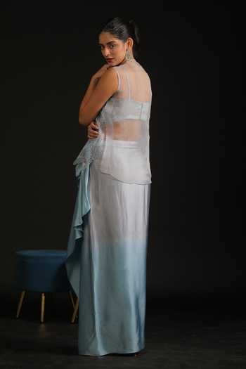 Shop_Vedangi Agarwal_Sky Blue Satin, Organza Sequins, Leaves Jacket And Ombre Draped Skirt Set _at_Aza_Fashions