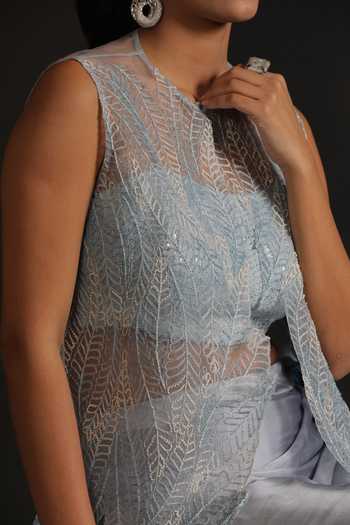 Vedangi Agarwal_Sky Blue Satin, Organza Sequins, Leaves Jacket And Ombre Draped Skirt Set _at_Aza_Fashions