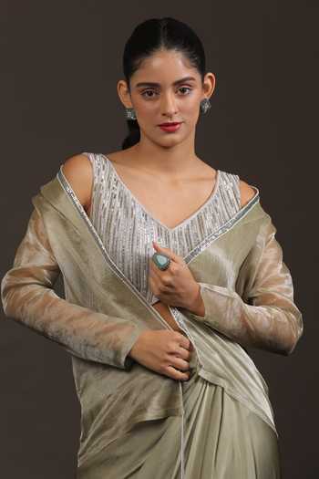 Vedangi Agarwal_Silver Georgette, Satin, , Organza Work Jacket And Draped Skirt Set _Online_at_Aza_Fashions