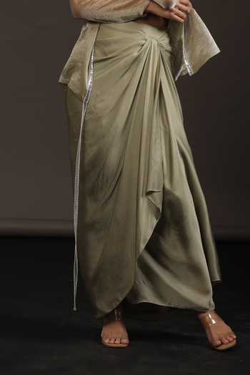 Buy_Vedangi Agarwal_Silver Georgette, Satin, , Organza Work Jacket And Draped Skirt Set _Online_at_Aza_Fashions