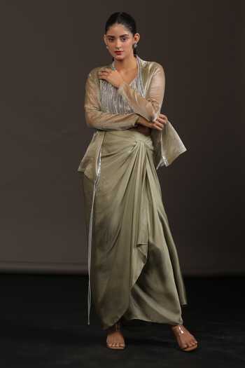 Shop_Vedangi Agarwal_Silver Georgette, Satin, , Organza Work Jacket And Draped Skirt Set _Online_at_Aza_Fashions
