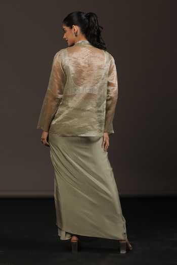 Shop_Vedangi Agarwal_Silver Georgette, Satin, , Organza Work Jacket And Draped Skirt Set _at_Aza_Fashions