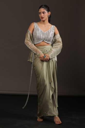 Vedangi Agarwal_Silver Georgette, Satin, , Organza Work Jacket And Draped Skirt Set _at_Aza_Fashions