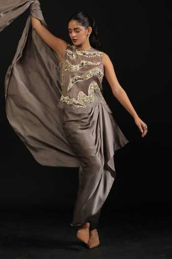 Vedangi Agarwal_Grey Organza, Georgette, Satin Sequins, Cut Work Hand Top And Draped Skirt Set _Online_at_Aza_Fashions