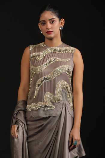 Buy_Vedangi Agarwal_Grey Organza, Georgette, Satin Sequins, Cut Work Hand Top And Draped Skirt Set _Online_at_Aza_Fashions