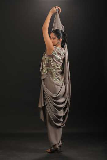 Shop_Vedangi Agarwal_Grey Organza, Georgette, Satin Sequins, Cut Work Hand Top And Draped Skirt Set _Online_at_Aza_Fashions