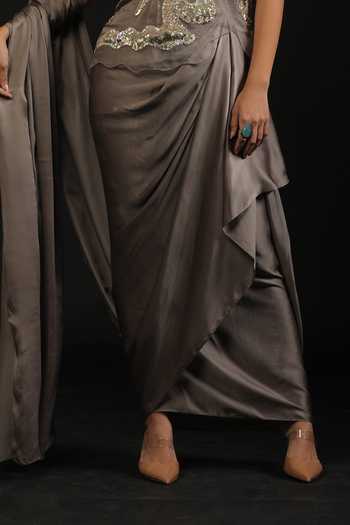 Vedangi Agarwal_Grey Organza, Georgette, Satin Sequins, Cut Work Hand Top And Draped Skirt Set _at_Aza_Fashions