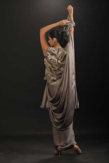 Shop_Vedangi Agarwal_Grey Organza, Georgette, Satin Sequins, Cut Work Hand Top And Draped Skirt Set _at_Aza_Fashions