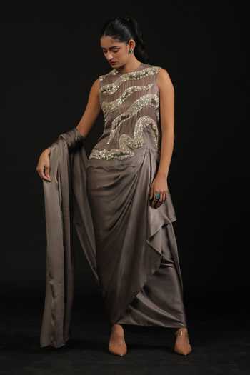 Buy_Vedangi Agarwal_Grey Organza, Georgette, Satin Sequins, Cut Work Hand Top And Draped Skirt Set _at_Aza_Fashions