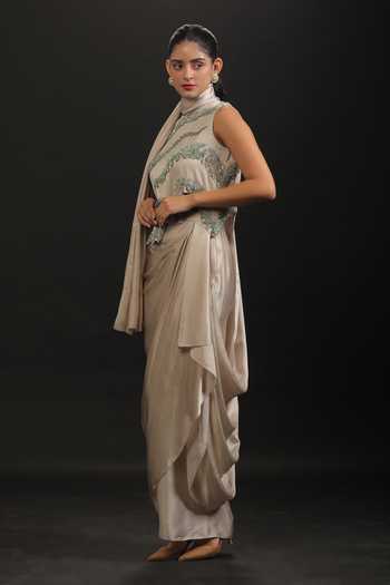 Vedangi Agarwal_Grey Georgette, Satin Sequins, Beads High Neck Hand Work Top And Draped Skirt Set _Online_at_Aza_Fashions