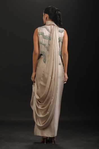Shop_Vedangi Agarwal_Grey Georgette, Satin Sequins, Beads High Neck Hand Work Top And Draped Skirt Set _at_Aza_Fashions