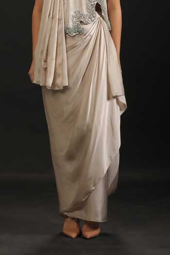 Buy_Vedangi Agarwal_Grey Georgette, Satin Sequins, Beads High Neck Hand Work Top And Draped Skirt Set _Online_at_Aza_Fashions