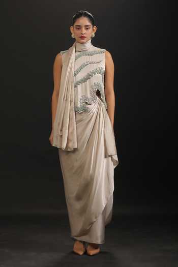 Shop_Vedangi Agarwal_Grey Georgette, Satin Sequins, Beads High Neck Hand Work Top And Draped Skirt Set _Online_at_Aza_Fashions