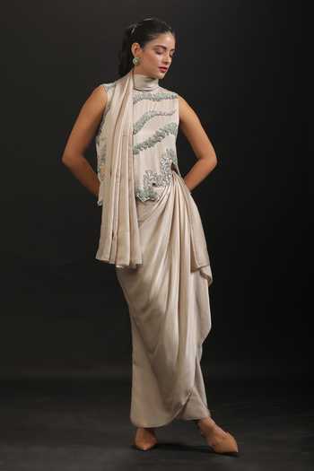 Buy_Vedangi Agarwal_Grey Georgette, Satin Sequins, Beads High Neck Hand Work Top And Draped Skirt Set _at_Aza_Fashions