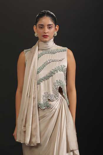 Vedangi Agarwal_Grey Georgette, Satin Sequins, Beads High Neck Hand Work Top And Draped Skirt Set _at_Aza_Fashions