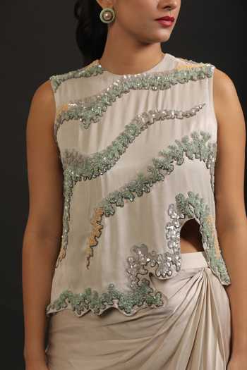 Buy_Vedangi Agarwal_Grey Georgette, Satin Sequins, Beads High Neck Hand Work Top And Draped Skirt Set 