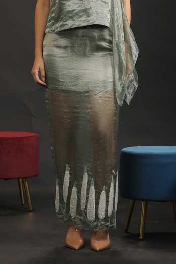 Vedangi Agarwal_Green Satin, Brocade, Kota Doria Hand Work Draped Top And Side Slit Skirt Set _Online_at_Aza_Fashions