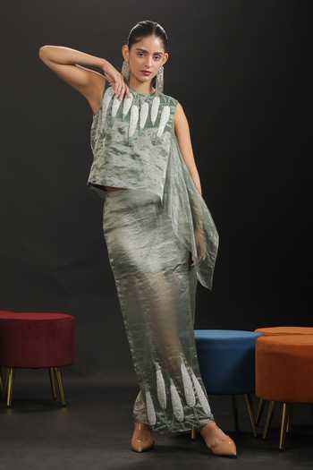 Buy_Vedangi Agarwal_Green Satin, Brocade, Kota Doria Hand Work Draped Top And Side Slit Skirt Set _at_Aza_Fashions