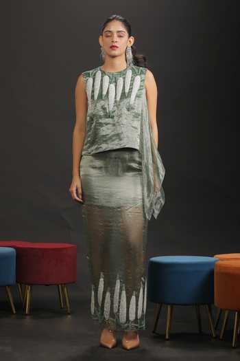 Buy_Vedangi Agarwal_Green Satin, Brocade, Kota Doria Hand Work Draped Top And Side Slit Skirt Set _Online_at_Aza_Fashions