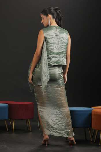 Shop_Vedangi Agarwal_Green Satin, Brocade, Kota Doria Hand Work Draped Top And Side Slit Skirt Set _at_Aza_Fashions