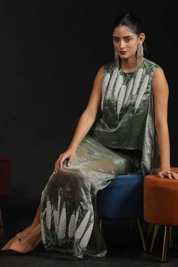 Shop_Vedangi Agarwal_Green Satin, Brocade, Kota Doria Hand Work Draped Top And Side Slit Skirt Set _Online_at_Aza_Fashions