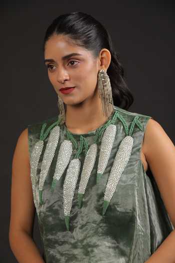 Vedangi Agarwal_Green Satin, Brocade, Kota Doria Hand Work Draped Top And Side Slit Skirt Set _at_Aza_Fashions