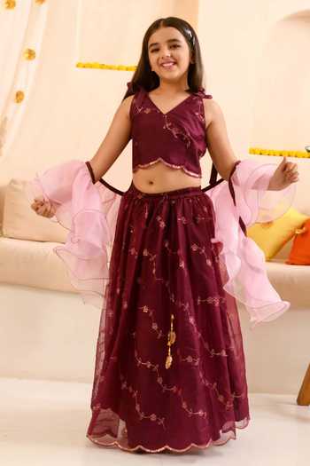 Buy_Jhambthreads_Wine Organza Embroidery, Tassels, Floral Pattern Lehenga Set With Dupatta _at_Aza_Fashions