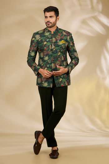 Buy_Manish Nagdeo_Green Silk, Viscose Floral Print Bandhgala Set _at_Aza_Fashions