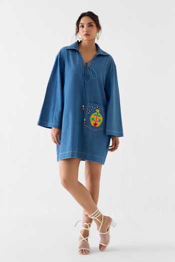 Studio Rigu_Blue Cotton, Denim Embroidery, Beads, Patchwork V-neck, Placement Dress _Online_at_Aza_Fashions
