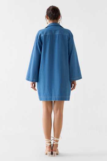 Shop_Studio Rigu_Blue Cotton, Denim Embroidery, Beads, Patchwork V-neck, Placement Dress _at_Aza_Fashions
