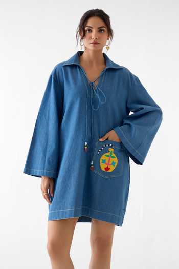 Buy_Studio Rigu_Blue Cotton, Denim Embroidery, Beads, Patchwork V-neck, Placement Dress _Online_at_Aza_Fashions