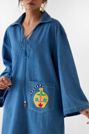 Shop_Studio Rigu_Blue Cotton, Denim Embroidery, Beads, Patchwork V-neck, Placement Dress _Online_at_Aza_Fashions