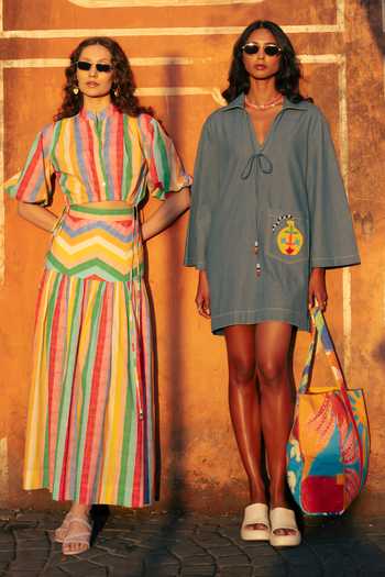 Studio Rigu_Blue Cotton, Denim Embroidery, Beads, Patchwork V-neck, Placement Dress _at_Aza_Fashions