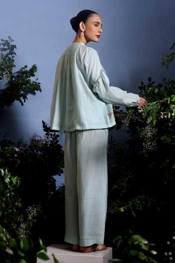 Shop_Taisha_Blue Chanderi Embroidery, Applique Split Umaya Hand Top And Pant Co-ord Set _at_Aza_Fashions