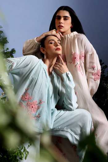 Buy_Taisha_Blue Chanderi Embroidery, Applique Split Umaya Hand Top And Pant Co-ord Set _Online_at_Aza_Fashions
