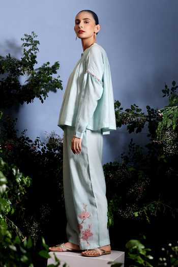 Shop_Taisha_Blue Chanderi Embroidery, Applique Split Umaya Hand Top And Pant Co-ord Set _Online_at_Aza_Fashions