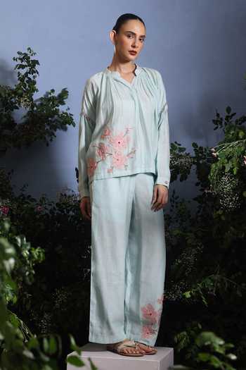 Taisha_Blue Chanderi Embroidery, Applique Split Umaya Hand Top And Pant Co-ord Set _at_Aza_Fashions