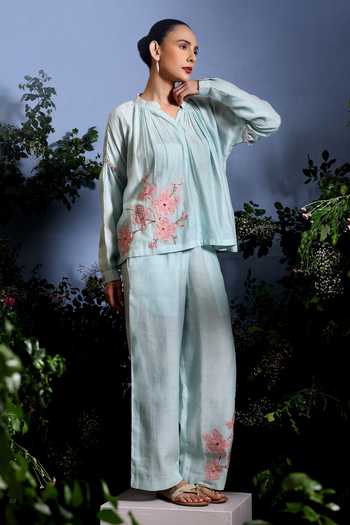 Buy_Taisha_Blue Chanderi Embroidery, Applique Split Umaya Hand Top And Pant Co-ord Set 