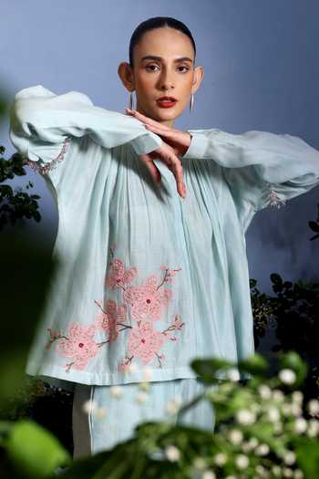 Shop_Taisha_Blue Chanderi Embroidery, Applique Split Umaya Hand Top And Pant Co-ord Set 