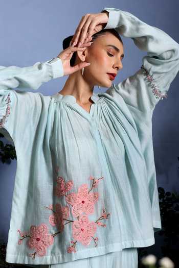 Taisha_Blue Chanderi Embroidery, Applique Split Umaya Hand Top And Pant Co-ord Set _Online